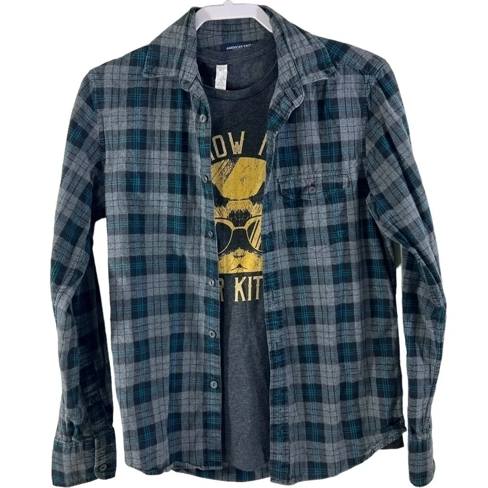 American Eagle Black Teal Plaid Flannel Shirt Extra Small